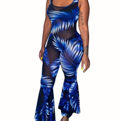 Tropical Print Flared Leg Jumpsuit