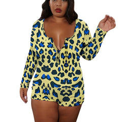 Leopard Print V Neck Long Sleeve Romper Plus Size Women's