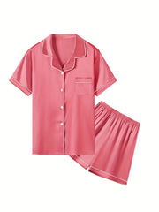 Soft Satin Pajama Set Button Down Top with Shorts