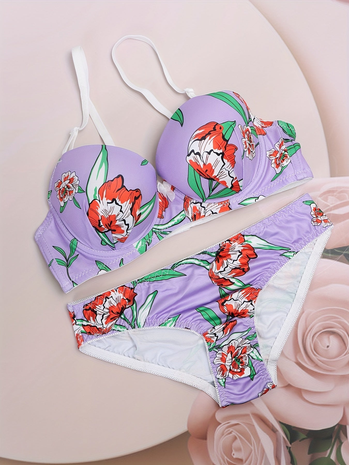 Floral Print Push Up Bra & Bikini Panties Set