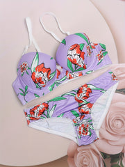 Floral Print Push Up Bra & Bikini Panties Set