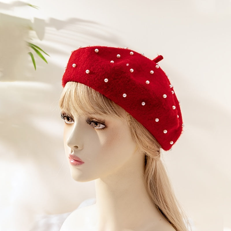 Women Faux Pearl Beret French Style Warm Hat Chinese Year Gift