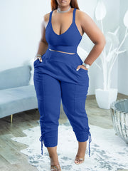 Solid Two-piece Set Cross Crop Tank Top & High Waist Pants