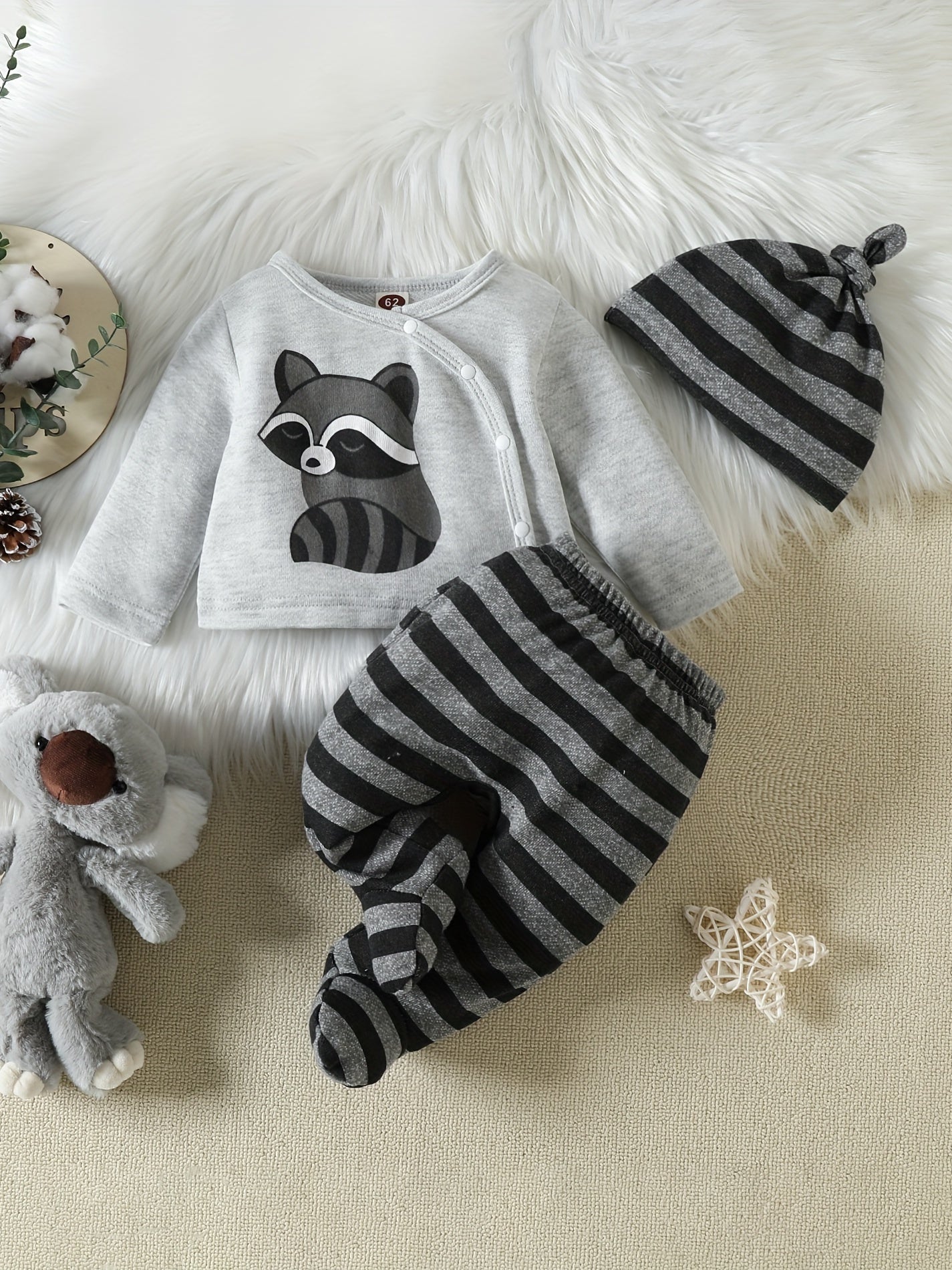 Newborn Baby Raccoon Print Long Sleeve Button Top & Striped Footed Pants Set