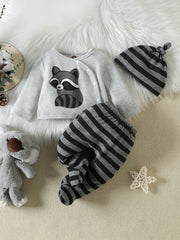 Newborn Baby Raccoon Print Long Sleeve Button Top & Striped Footed Pants Set