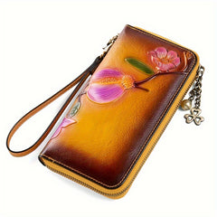 Vintage Floral Leather Long Wallet with Wristlet