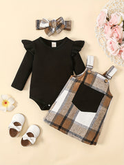 Baby Girls Cotton Ribbed Flutter Sleeve Bodysuit Plaid Suspender Skirt Set