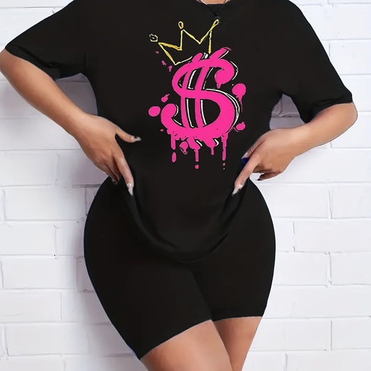 2pcs Summer Dollar Graphic T shirts & Solid Shorts Women's Activewear