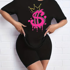 2pcs Summer Dollar Graphic T shirts & Solid Shorts Women's Activewear