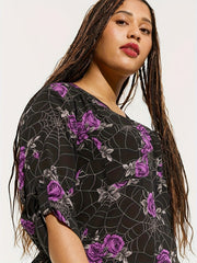 Women's Floral & Spider Web Print Button Up Long Sleeve V Neck Shirt
