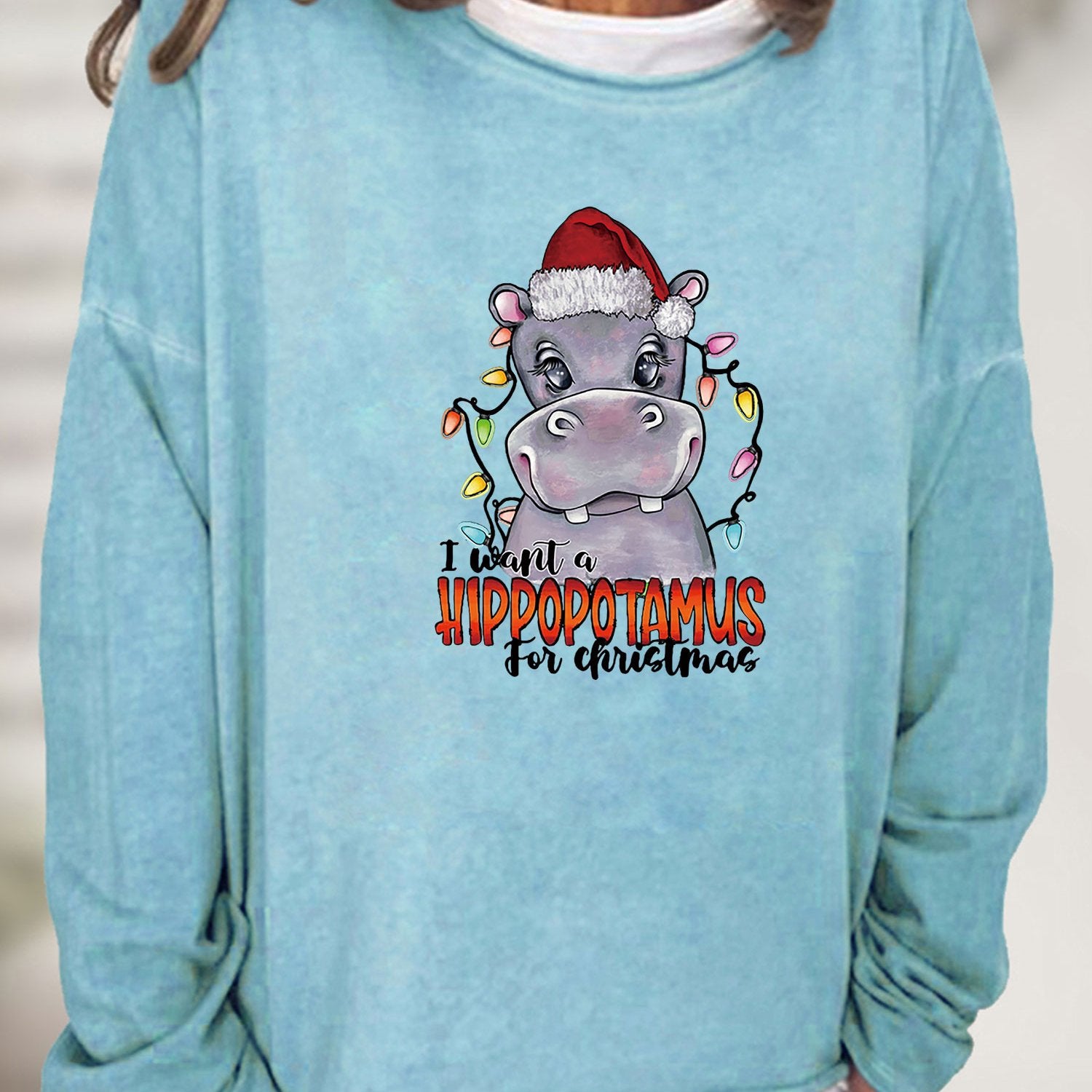 Christmas Hippopotamus Print Sweatshirt Crew Neck Women's Clothing