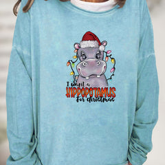 Christmas Hippopotamus Print Sweatshirt Crew Neck Women's Clothing