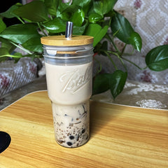 24oz Clear Glass Cup with Wooden Lid & Steel Straw