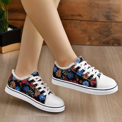 Women's Floral Pattern Flat Canvas Lace Up Low Round Toe Raw Trim Shoes