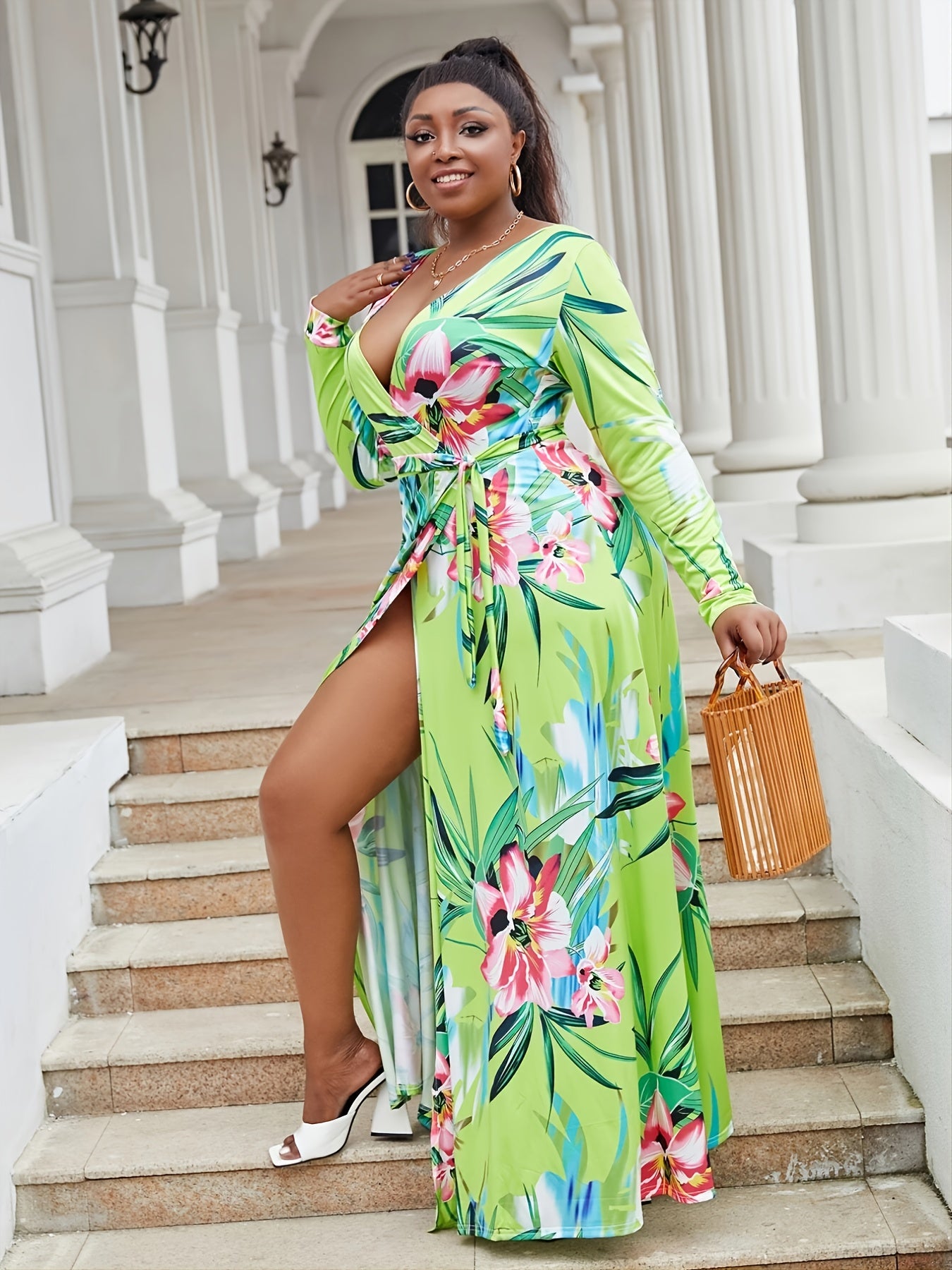 Floral Print High Split Maxi Dress With Belt