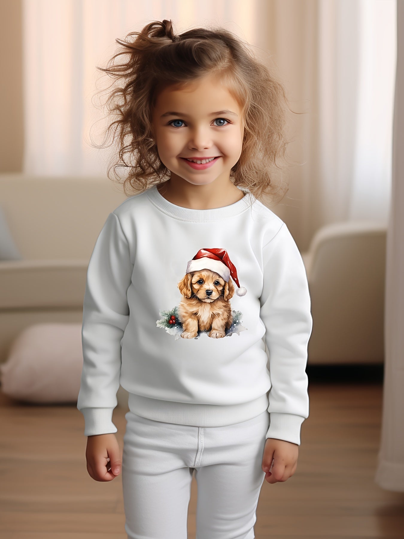 Christmas Dog Print Girls Casual Pullover Sweatshirt Long Sleeve Crew Neck Tops