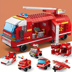 6 in 1 DIY Fire Truck Firefighter Helicopter Building Block Set