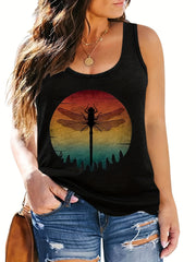 Dragonfly Print Round Neck Plus Size Tank Top