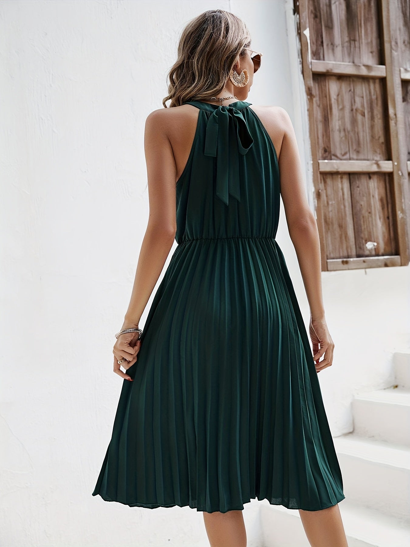 Pleated Sleeveless Dress Solid Cinched Waist Dress