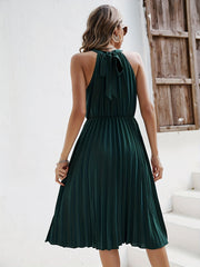 Pleated Sleeveless Dress Solid Cinched Waist Dress