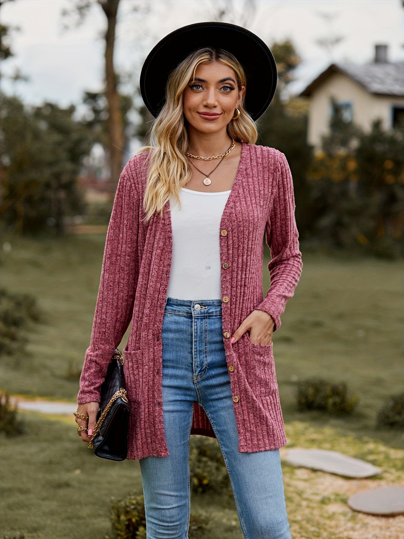 Solid Button Up Pocket Cardigan Long Sleeve Sweater for Women