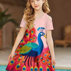 Girls Peacock Graphic Cold Shoulder Short Sleeve Dress Summer Clothes Party Gift