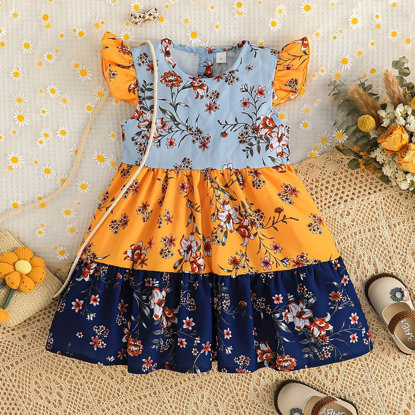 Baby Girls Casual Floral Graphic Print Fly Sleeve Dress Clothes
