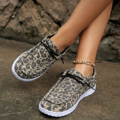 Leopard Print Canvas Lace Up Flat Shoes Lightweight Round Toe