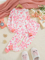 Kid's Love Heart Print Pajamas Set Long Sleeve Top & Pants Girl's Loungewear