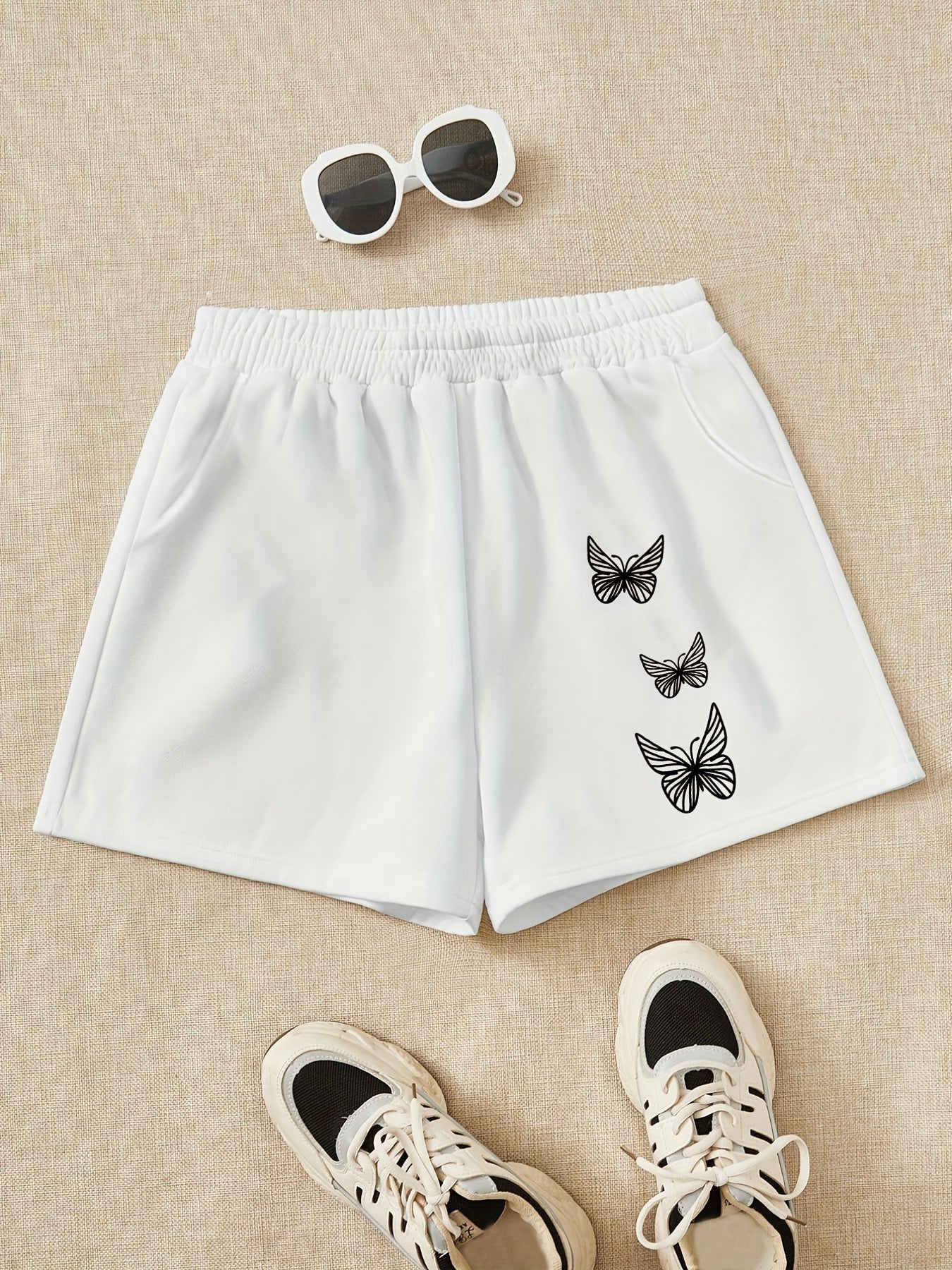 Girls Butterfly Print Casual Sweat Shorts Elastic Waist Work Out Shorts