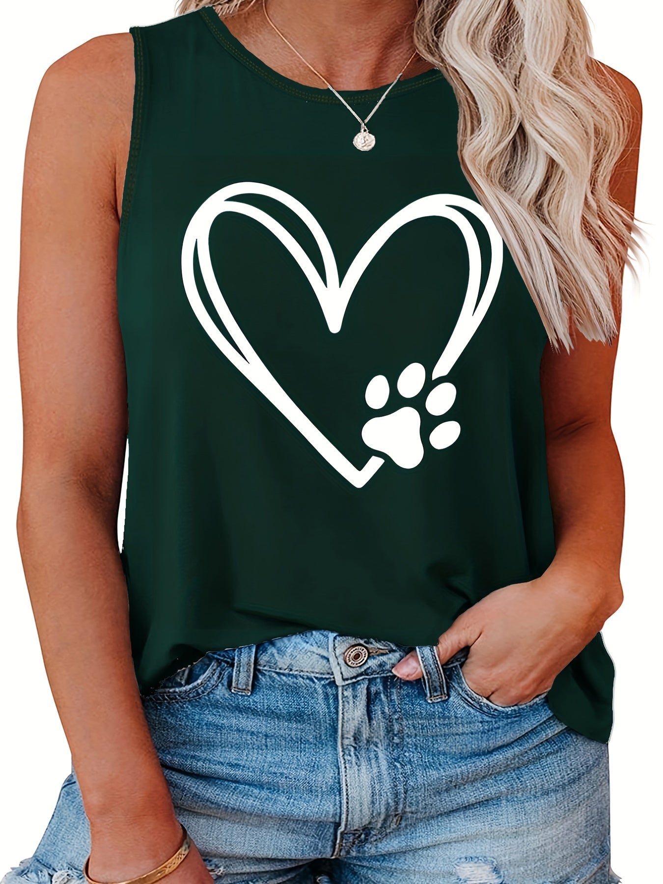 Heart & Paw Print Round Neck Tank Top