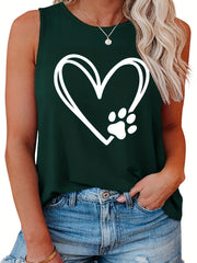 Heart & Paw Print Round Neck Tank Top