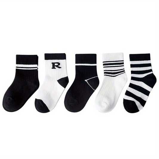 5 Pairs Girls Medium Tube Socks Autumn Winter Striped Regular Fashionable Socks