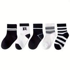5 Pairs Girls Medium Tube Socks Autumn Winter Striped Regular Fashionable Socks