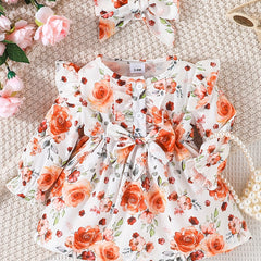 Baby Girls Bow Front Floral Ruffle Long Sleeve Dress
