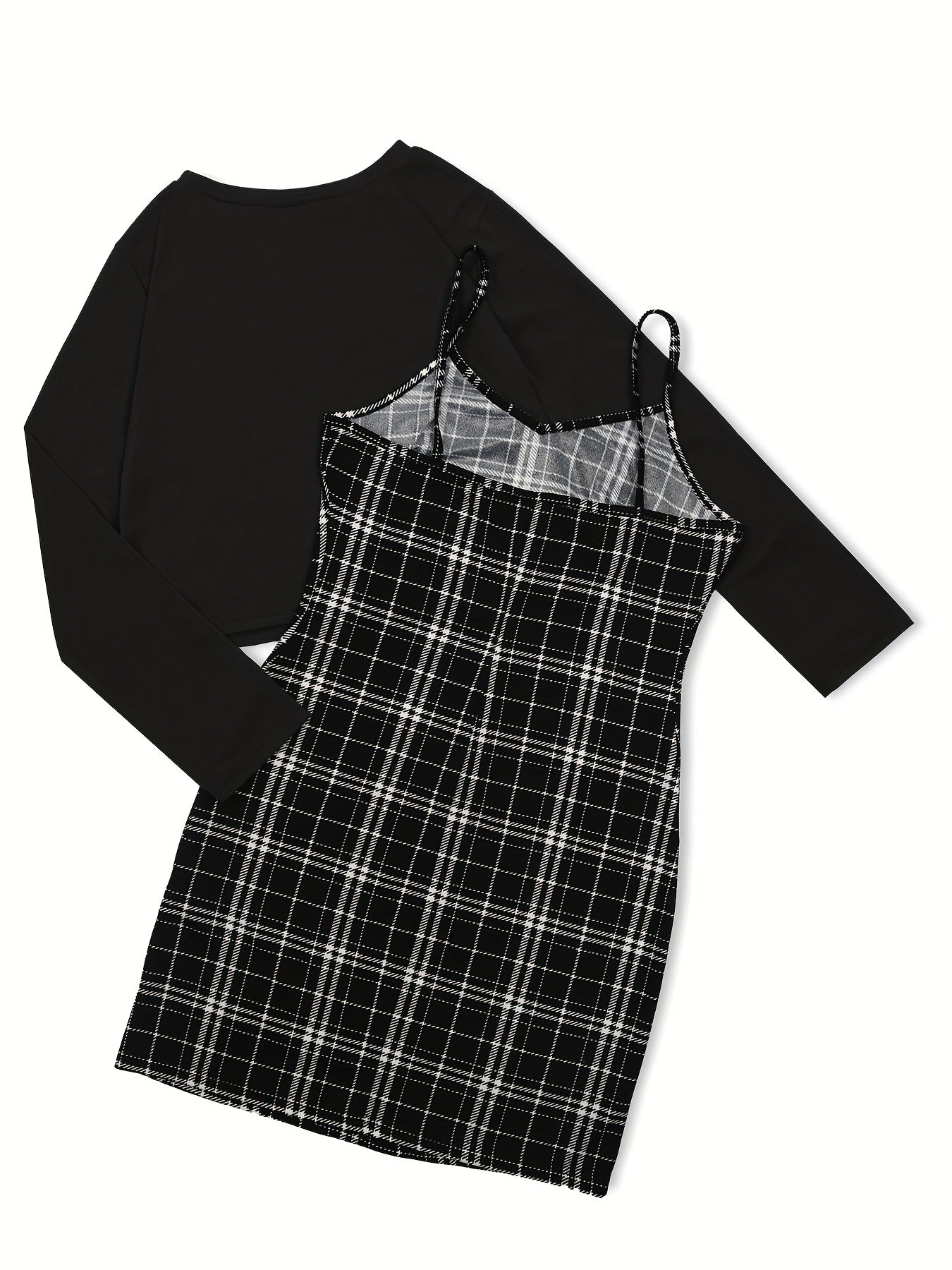 Preppy Two-piece Set Solid Long Sleeve Tops & Plaid Print Dress