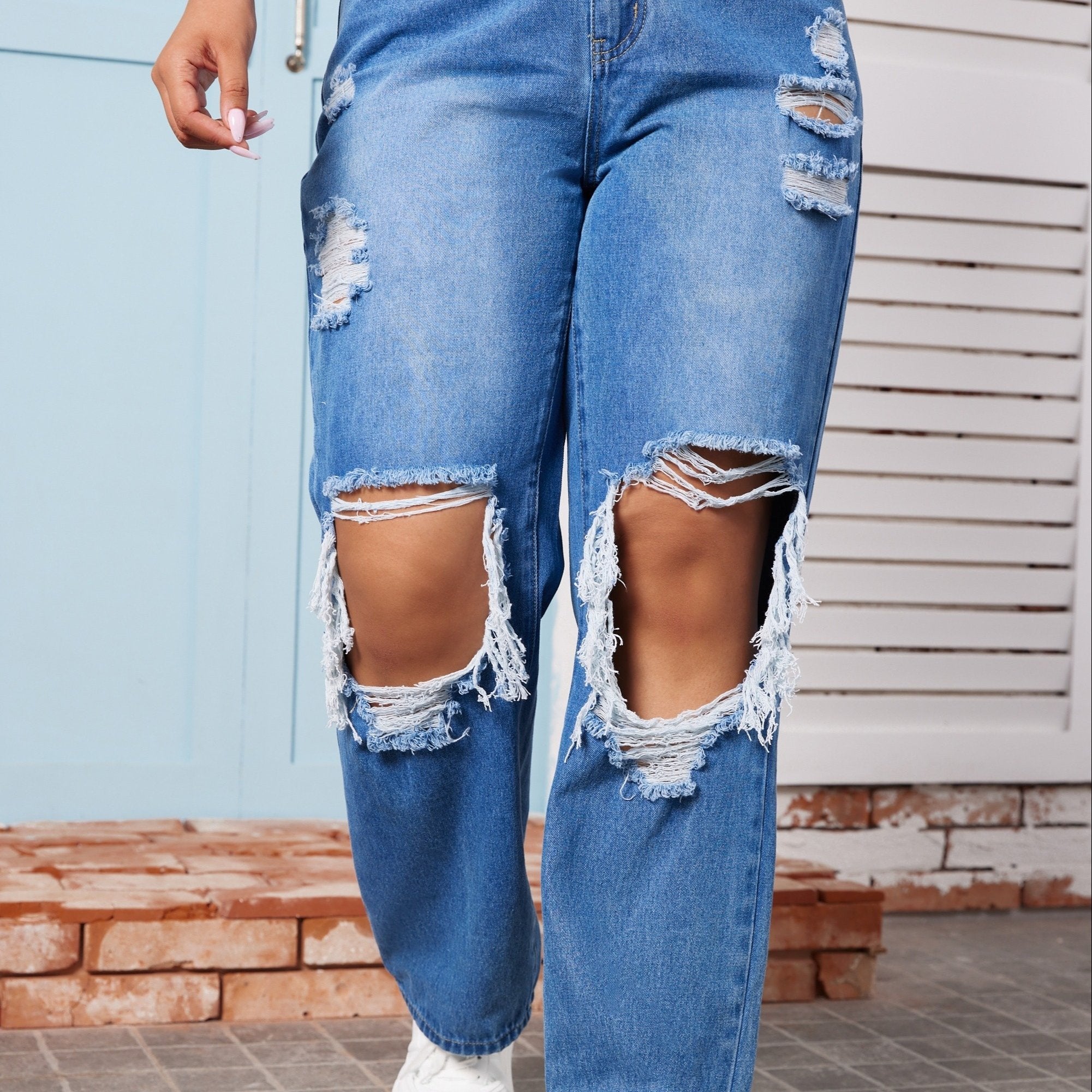 Street Jeans Washed Ripped Cut Out Button Fly Straight Leg