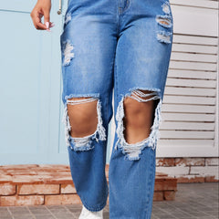 Street Jeans Washed Ripped Cut Out Button Fly Straight Leg