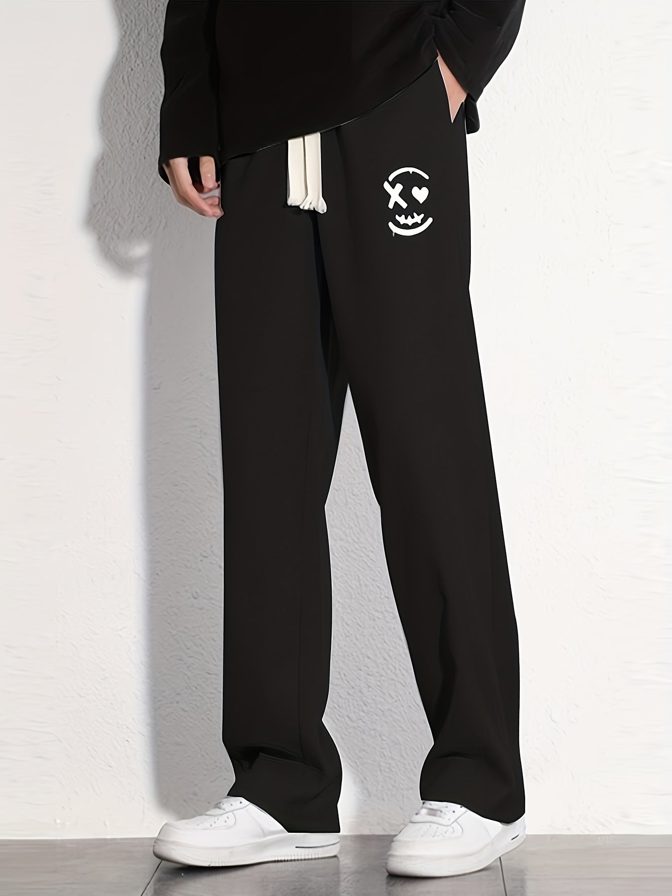 Men's Smiling Face Cotton Sweatpants Casual Loose Fit Drawstring Pants