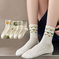5 Pairs Floral Print Socks Breathable Women's Stockings & Hosiery