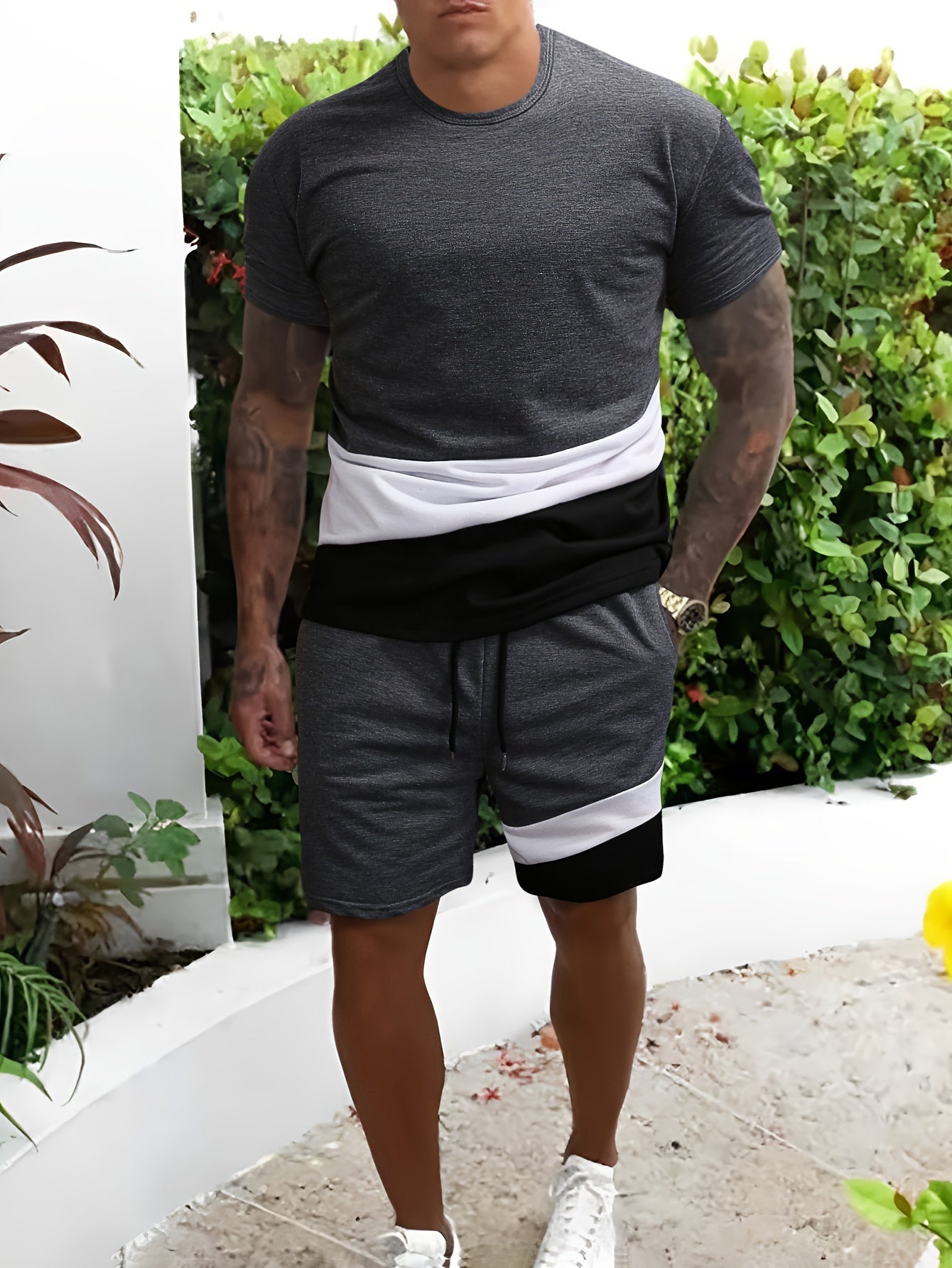 Men's Block Graphic T shirt & Active Drawstring Shorts Set