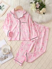 Girl's Flamingo Allover Print Pajamas Button Front Top & Pants Set