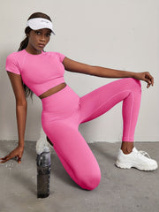 Solid Seamless Workout Set Short Sleeve Tee & High Waist Leggings