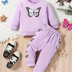 Solid Butterfly Printed Pullover Top & Trousers Suit