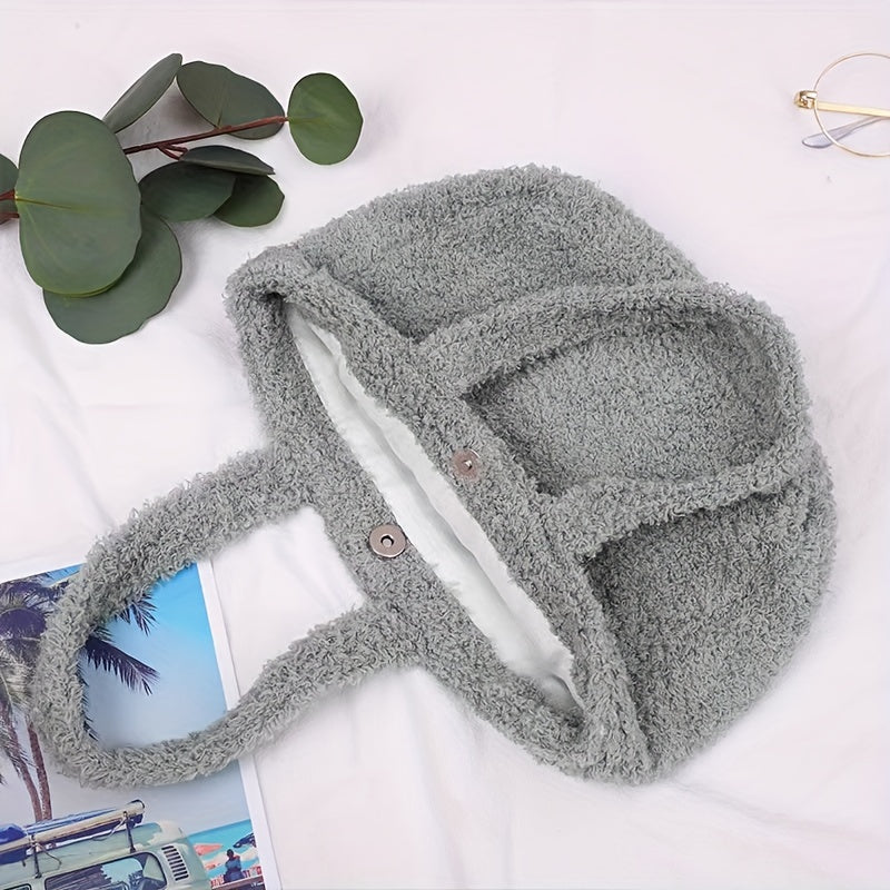 Fluffy Portable Handbag With Bear Pendant Magnet Closure