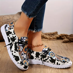 Floral & Cow Pattern Loafers Lace up Round Toe Low Top Shoes
