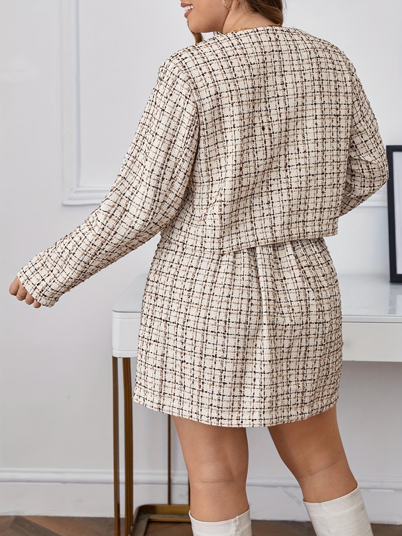 Women's Plus Tweed Coat & Mini Skirt Two Piece Set