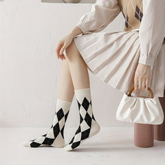 3 Pairs Argyle Print Socks Soft & Comfy Women's Mid Tube Stockings