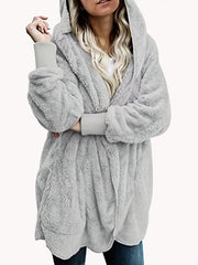 Solid Hooded Fuzzy Coat Long Sleeve Open Front Coat