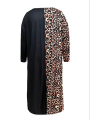 Colorblock Leopard Print Long Sleeve V Neck Sleep Dress